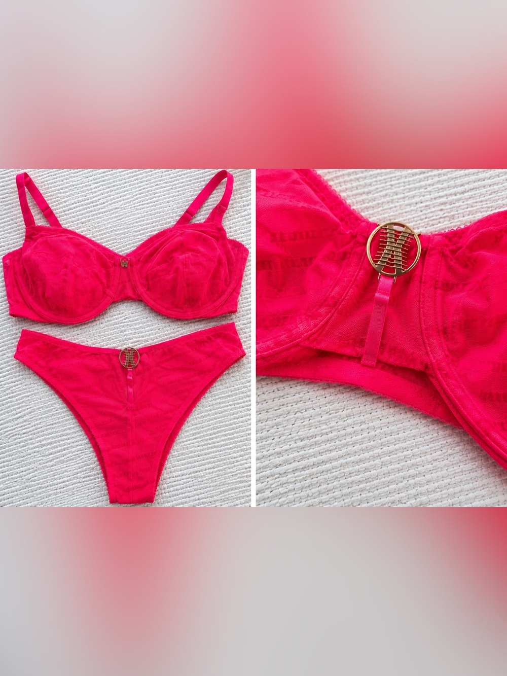 Savage X Fenty Pink Smash Flocked Mesh Bra & Brazilian Set NWT
